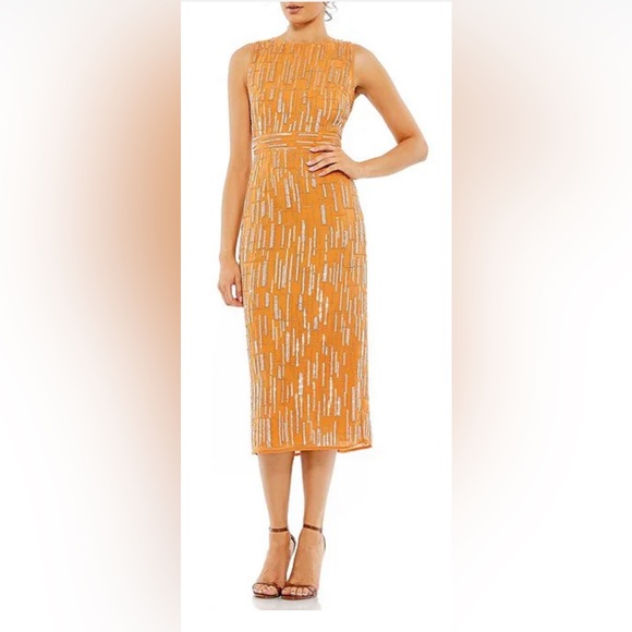 MAC DUGGAL SIZE 4 ABSTRACT BEADED SLEEVELESS MIDI SHEATH DRESS 70264 - Picture 1 of 8